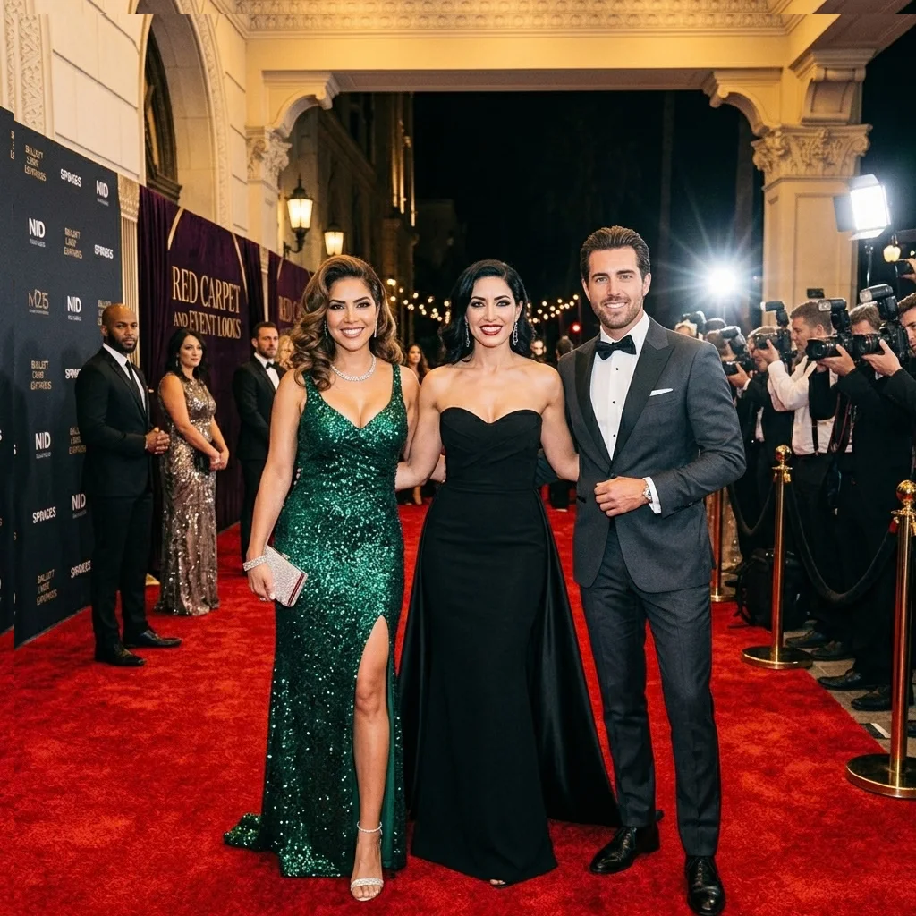 Celebrity red carpet fashion looks featuring elegant dresses and stylish suits