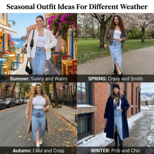 Seasonal outfit ideas for different weather, including summer, winter, and fall