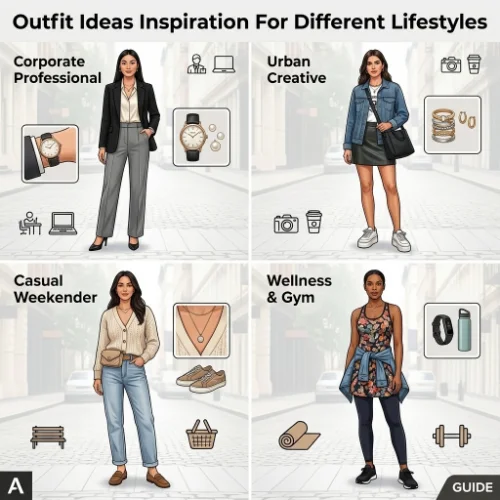 Outfit inspiration for different lifestyles, including casual, workwear, and everyday fashion